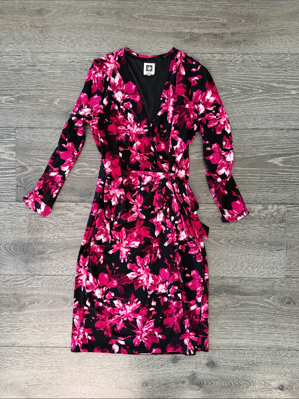 Anne Klein Black Wrap Dress With Fuchsia Floral Print
